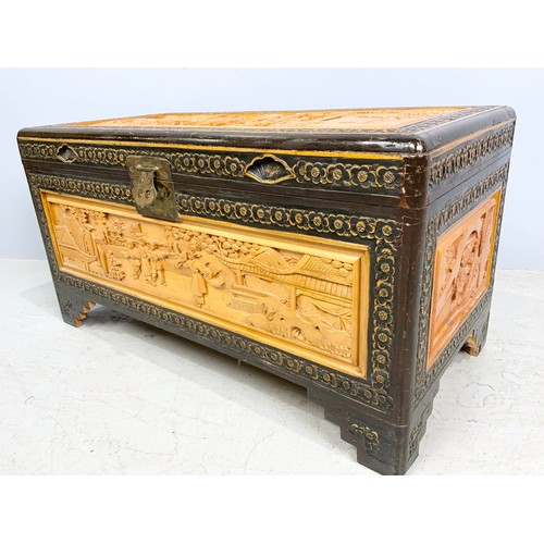 628 - CARVED ORIENTAL CAMPHOR WOOD CHEST 88cm LONG