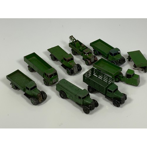 164 - COLLECTION OF PRE /POST WAR DINKY LORRIES & VANS, PETROL TANKER, CATTLE WAGON & FLAT LORRY PLUS 6 MO... 