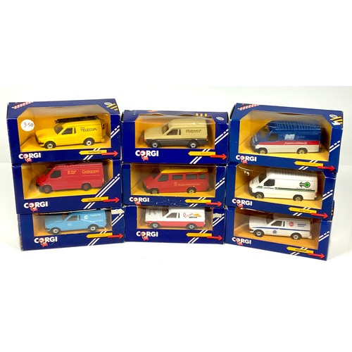 104 - CORGI COLLECTORS MODELS, 9 BOXED A THEAMATIC COLLECTION OF FORD ESCORT VANS & FORD TRANSIT VANS