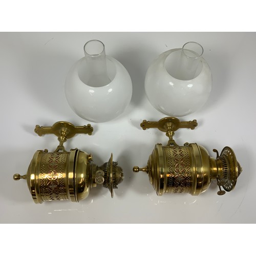 295 - PAIR OF BRASS WALL MOUNTABLE OIL LAMPS, BAMFORD ENGLAND