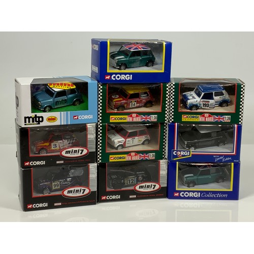 115 - A NICE COLLECTION OF 10 CORGI MINI 7 AND SIMILAR COLLECTORS CARS, ALL BOXED, MIGHTY MINIS RACING, MI... 