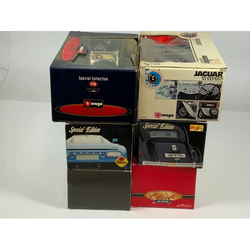 192 - 6 BOXED LARGE SCALE COLLECTORS CARS, MAJORETTE CLUB, BAUER BUGATTI EB110, MAISTO CITROEN 15CV, MERCE... 