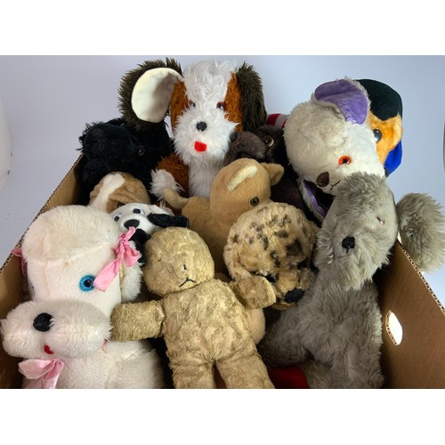 51 - A BOX OF CHILDRENS SOFT TOYS MOSTLY DOGS, VARIED MAKES & AGES