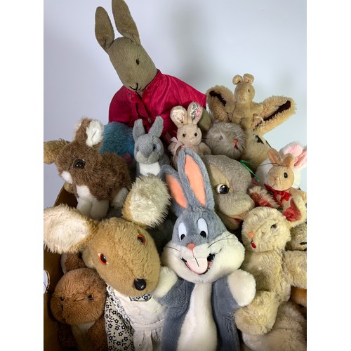 53 - A BOX OF  CHILDRENS SOFT TOYS, MOSTLY RABBITS, OF VARIOUS AGES AND MAKES, MANY MERRYTHOUGHT