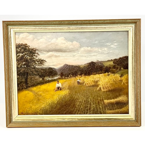 15 - OIL ON CANVAS DEPICTING A HARVEST SCENE WITH SIGNATURE F WATERHOUSE 1888, approx. 40 x 30 cm