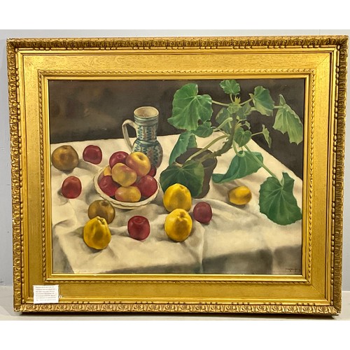 7 - LARGE OIL ON CANVAS STILL LIFE FRUIT BEARING LABEL FRIEDRICH MAYER BECK, approx. 92 x 71 cm