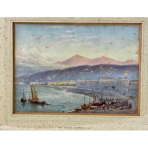 18 - SAMUEL CALVERT (1828-1913) , WATERCOLOUR ENTITLED SUNRISE ON THE RIVIERA, WITH HAND WRITTEN NOTRE VE... 