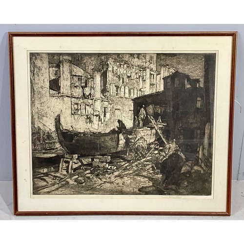 33 - SIR FRANK BRANGWYN SIGNED ETCHING BOAT BUILDERS, APPROX. 66 X 51 cm, SIGNED IN PENCIL TO THE MARGIN