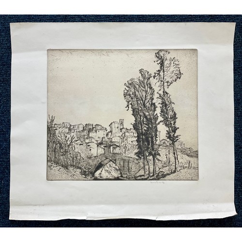 39 - FRANK BRANGWYN ETCHING DEPICTING TOWN WITH TREES TO THE FOREGROUND, SIGNED IN PENCIL TO THE MARGIN, ... 