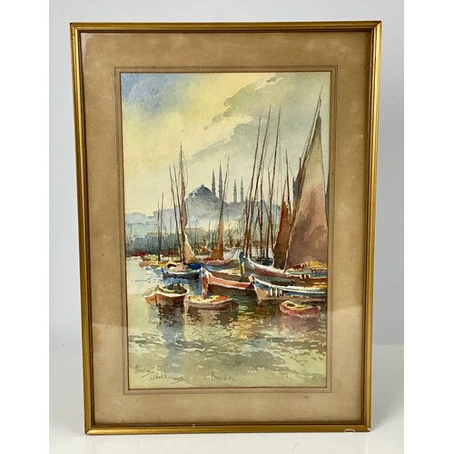 20 - GOOD QUALITY WATERCOLOUR, INDISTINCTLY SIGNED, DEPICTING HARBOUR SCENE, CONSTANTINOPLE,, APPROX. 28 ... 