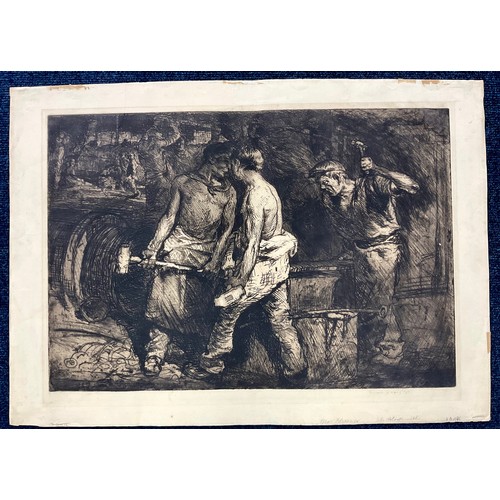 41 - LARGE FRANK BRANGWYN ETCHING DEPICTING BLACKSMITHS, APPROX. 80 X 55 cm, SIGNED IN PENCIL TO THE MARG... 