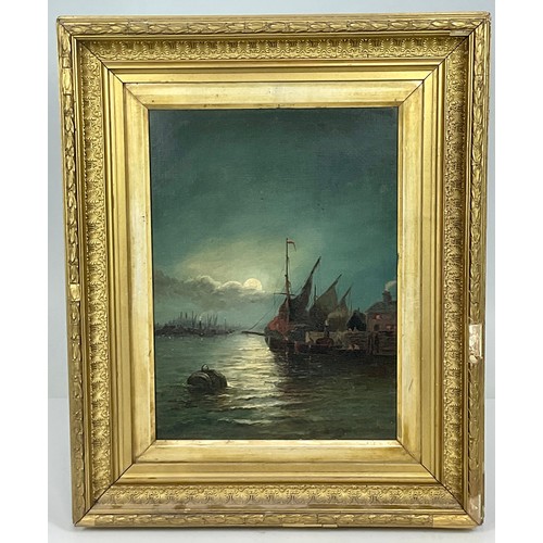 10 - GOOD QUALITY OIL ON CANVAS DEPICTING MOONLIT HARBOUR SCENE WITH MONOGRAM, POSSIBLY AR, APPROX. 30 X ... 