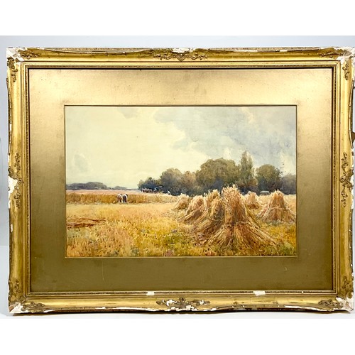 25 - JAMES W. MILLIKEN (EXH. 1887-1930), WATERCOLOUR DEPICTING HARVESTING SCENE, APPROX. 45 X 30 cm