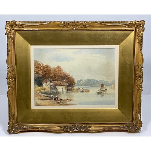 22 - COPLEY FIELDING, 19TH CENTURY WATERCOLOUR, DEPICTING LAKESIDE SCENE, LABEL VERSO A.V.COPLEY FIELDING... 