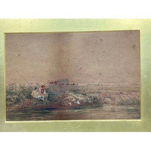 28 - WATERCOLOUR DEPICTING 2 FISHERMEN, LABELLED DAVID COX TO MOUNT, APPROX. 35 X 24 cm