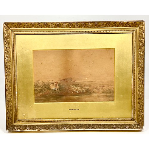 28 - WATERCOLOUR DEPICTING 2 FISHERMEN, LABELLED DAVID COX TO MOUNT, APPROX. 35 X 24 cm