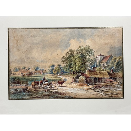 26 - 19TH CENTURY WATERCOLOUR DEPICTING VILLAGE SCENE, APPROX. 36 X 23 cm, NO APPARENT SIGNATURE