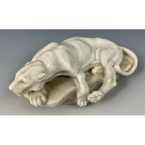 47 - CLOVIS MASSON (1838 - 1913)  MARBLE STUDY OF A CROUCHING LIONESS, IMPRESSED MARK MASSON