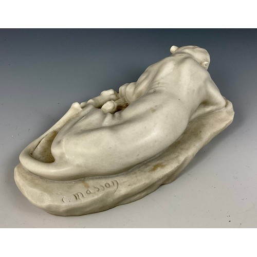 47 - CLOVIS MASSON (1838 - 1913)  MARBLE STUDY OF A CROUCHING LIONESS, IMPRESSED MARK MASSON