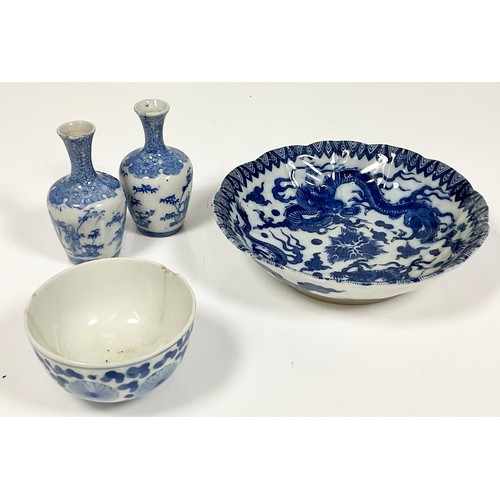 52 - ORIENTAL BLUE AND WHITE DISH WITH 6-CHARACTER MARK TOGETHER WITH PAIR OF SMALL ORIENTAL BALUSTER VAS... 