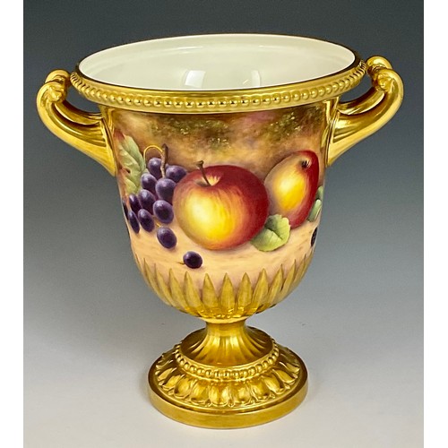 50 - ROYAL WORCESTER CAMPANA SHAPED URN HAND PAINTED FALLEN FRUIT, SIGNED S.SMITH, SHAPE NUMBER 2157, APP... 