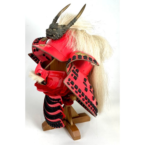 156 - SAMURAI WARRIORS HELMET, ON STAND, APPROX. 50 X 45 CM