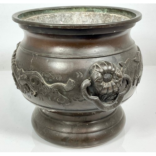 209 - ORIENTAL BRONZE JARDINIERE, CHRYSANTHEMUM HANDLES AND RELIEF DRAGON DECORATION, APPROX. 26 cm high