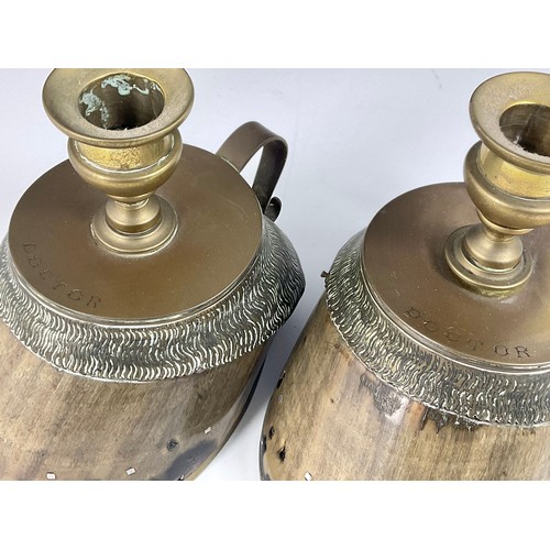 191 - A MATCHED PAIR OF BRASS MOUNTED HORSE HOOF CANDLE STICKS, EACH INSCRIBED DOCTOR