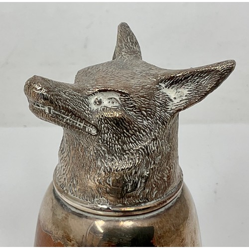 192 - HUNTING INTEREST, FOX HEAD STIRRUP CUP, HUNTING HORN AND A SANDWITH TIN IN LEATHER CASE