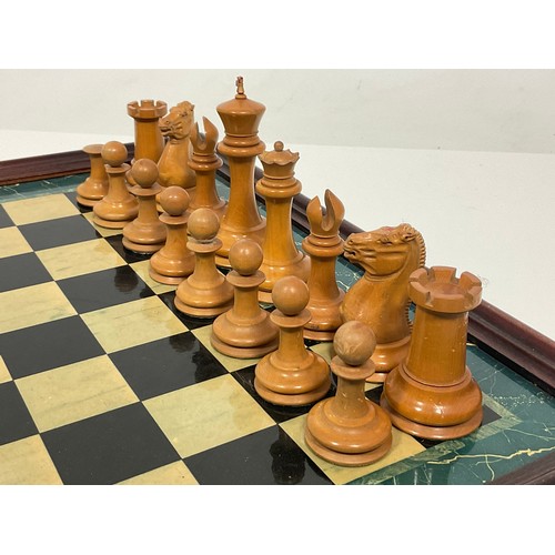 195 - VINTAGE J JAQUES  LONDON CHESS SET KING 9cm SOME PIECES AF (board not included)