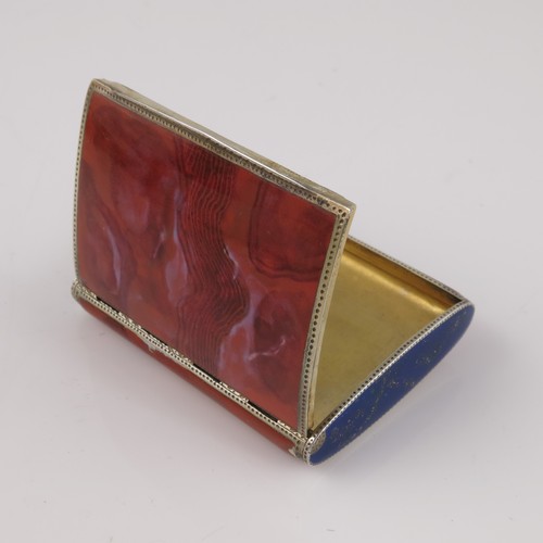 322 - A FABULOUS QUALITY LADIES CONTINENTAL SILVER, PINK AGATE AND LAPIS LAZULI CIGARETTE CASE WITH HINGED... 