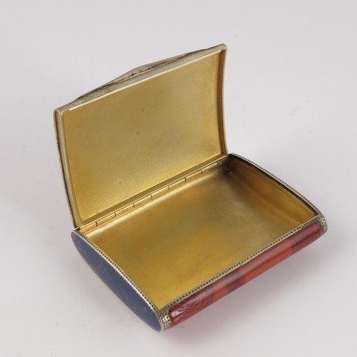 322 - A FABULOUS QUALITY LADIES CONTINENTAL SILVER, PINK AGATE AND LAPIS LAZULI CIGARETTE CASE WITH HINGED... 