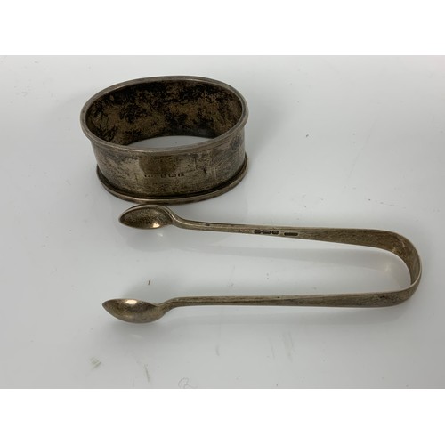 280 - SILVER PLATED FOOTBALL TROPHY, HALLMARKED SILVER SERVIETTE RING & SUGAR TONGS