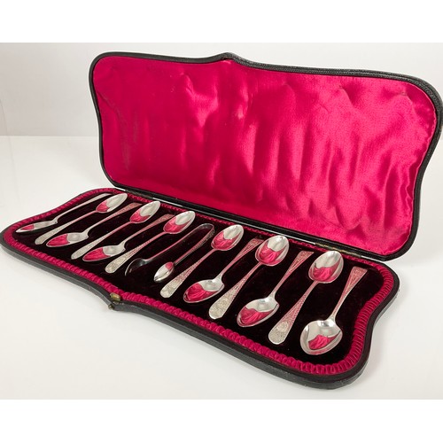 224 - CASED 12 HALLMARKED SILVER TEA SPOONS & TONGS WITH BRIGHT CUT DECORATION  APPROX 170g