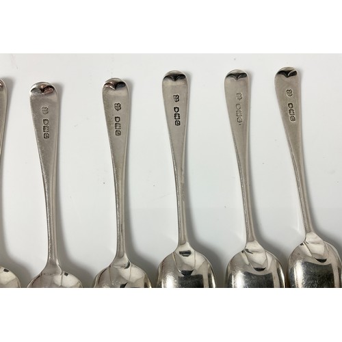 224 - CASED 12 HALLMARKED SILVER TEA SPOONS & TONGS WITH BRIGHT CUT DECORATION  APPROX 170g