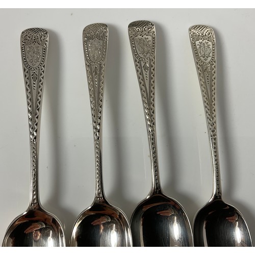 224 - CASED 12 HALLMARKED SILVER TEA SPOONS & TONGS WITH BRIGHT CUT DECORATION  APPROX 170g