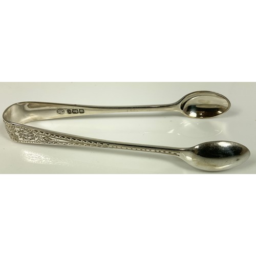 224 - CASED 12 HALLMARKED SILVER TEA SPOONS & TONGS WITH BRIGHT CUT DECORATION  APPROX 170g