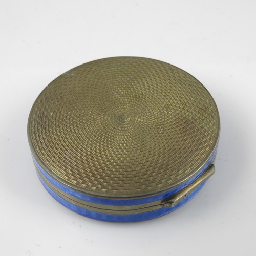 313 - ROUND SILVER TRINKET BOX WITH HINGED LID, ENAMELLED SILVER COMPACT AND A SILVER RING TREE