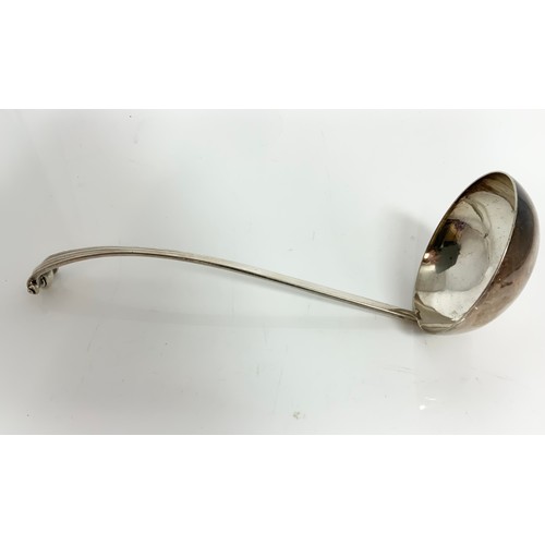 231 - 2 ANTIQUE HALLMARKED SILVER BASTINGS SPOONS 200G GROSS & A SILVER PLATED LADLE. WITH SCROLL HANDLE