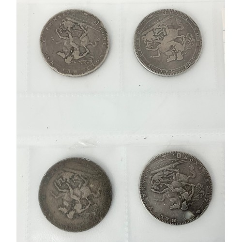 362 - 4, GEORGE III CROWNS, 1818, 1819, 1820 (HOLED) AND ONE OTHER RUBBED