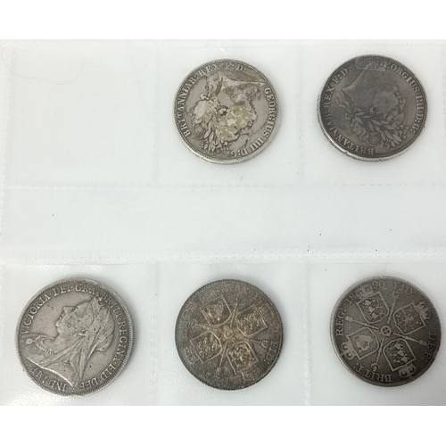 363 - 2, GEORGE IV CROWNS, 1821, 1822, 2, VICTORIAN DOUBLE FLORINS 1889 & 1893 AND A VICTORIAN CROWN 1893