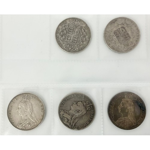 364 - 5 VICTORIAN CROWNS, 1844, 1845, 1887, 1888 AND 1889