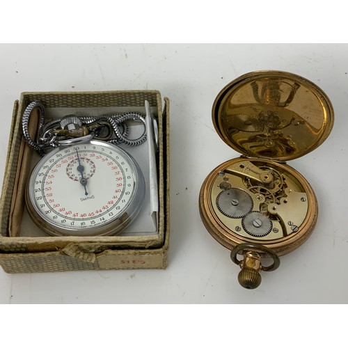 420 - GOLD PLATED HALF HUNTER POCKET WATCH AND SMITHS STOPWATCH IN BOX