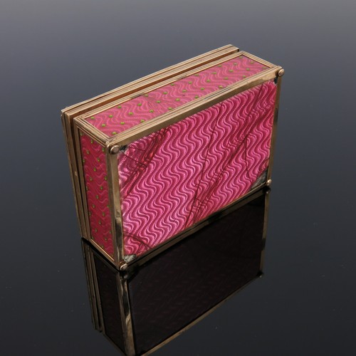 327 - WONDERFUL QUALITY PINK GUILLOCHE ENAMELLED YELLOW METAL TRINKET BOX WITH HINGED COVER, APPLIED CABOC... 