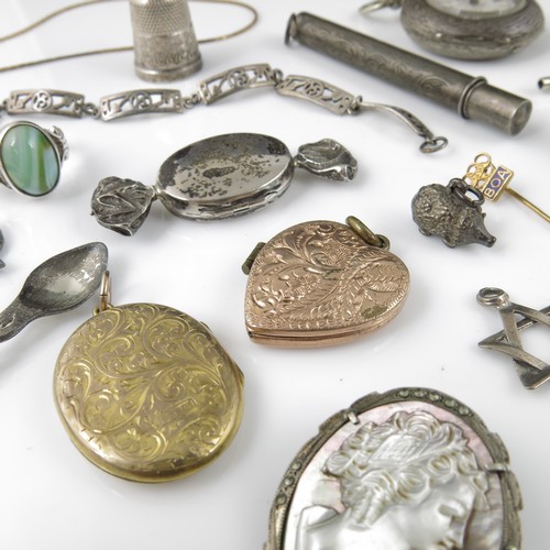 492 - BOX OF INTERESTING JEWELLERY ETC. INC. SILVER POCKET WATCH, THIMBLE, SILVER BONBON LOCKETS, YELLOW M... 