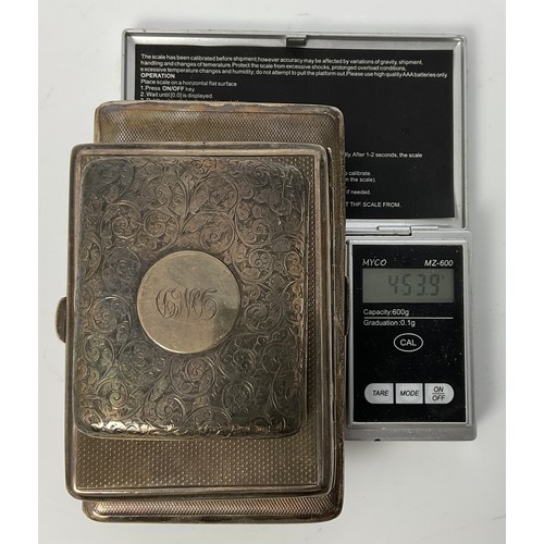 308 - THREE HALLMARKED SILVER CIGARETTE CASES,  APPROX. 450 GRAMS