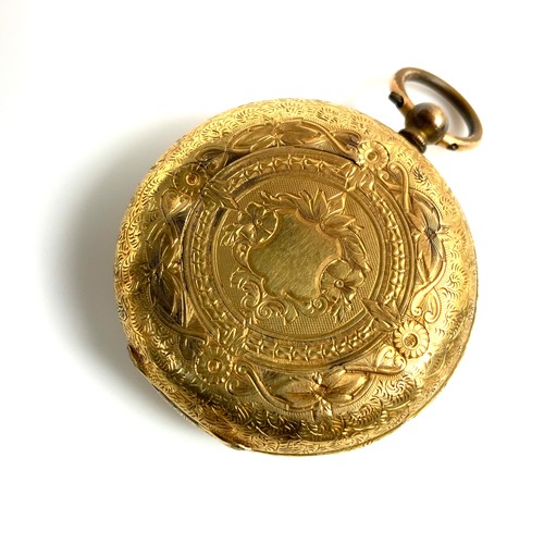 439 - LADIES GOLD, STAMPED 18K, OPEN FACE POCKET WATCH, APPROX. 44g GROSS