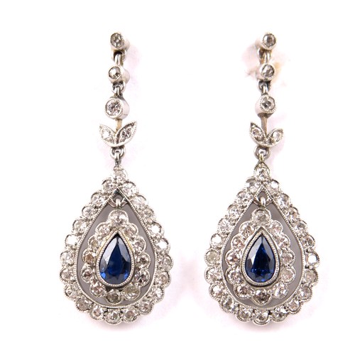 579 - A PAIR OF VERY STRIKING SAPPHIRE AND DIAMOND EARRINGS IN JOHN BENNETT, BRISTOL, FITTED BOX