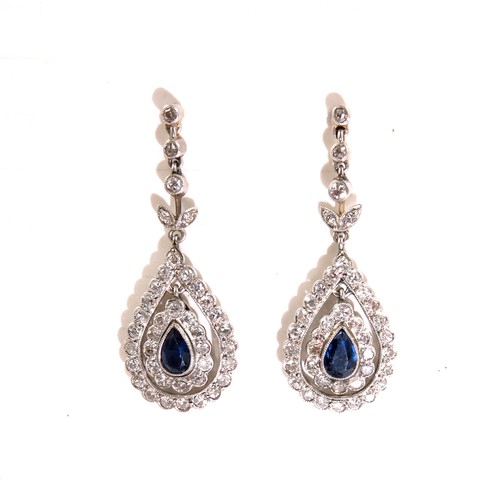 579 - A PAIR OF VERY STRIKING SAPPHIRE AND DIAMOND EARRINGS IN JOHN BENNETT, BRISTOL, FITTED BOX