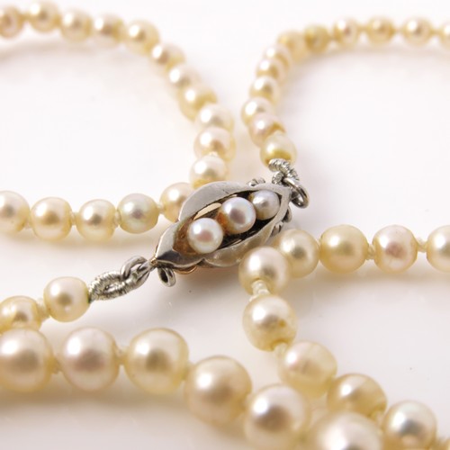 526 - A STRING OF GRADUATED PEARLS IN A JOHN BENNETT, BRISTOL, FITTED BOX